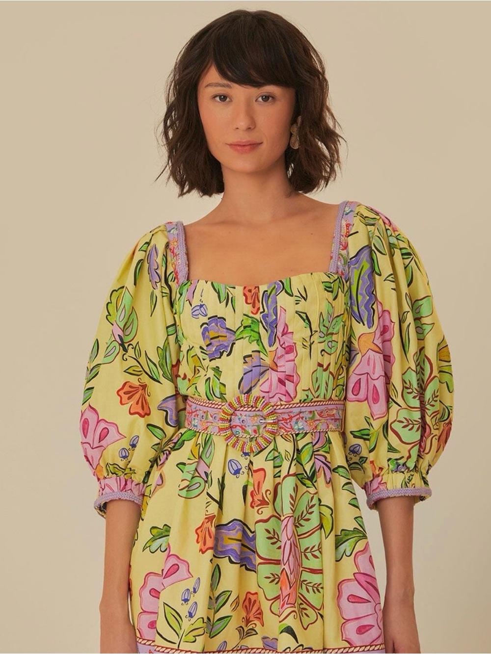 FARM Rio Yellow Floral Insects Puff Sleeve Belted Mini Dress Size S NWT - Picture 2 of 11